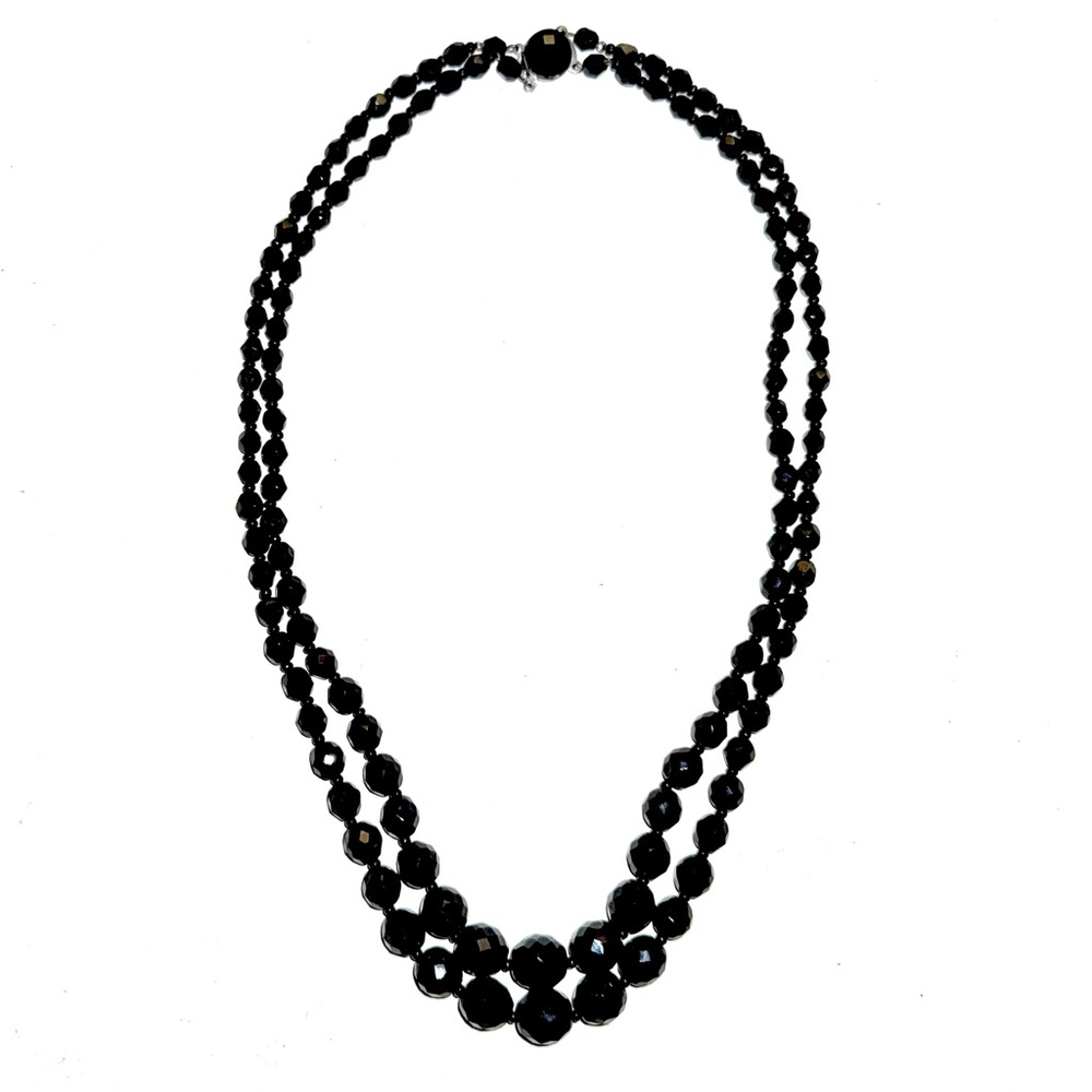 Vintage MCM French Jet Two-Strand Black Faceted Graduated Glass Beaded Necklace